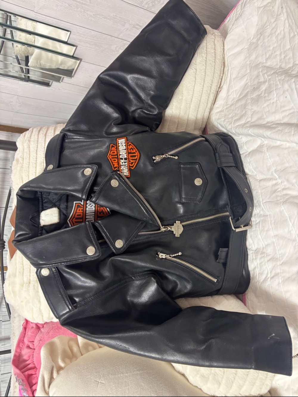 Harley-Davidson Black Leather Biker Jacket with Orange Patches
